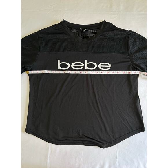 Bebe Sport Crop Top Relaxed Fit Black Shirt Spellout Logo Mesh Panel Size Medium - Picture 13 of 15